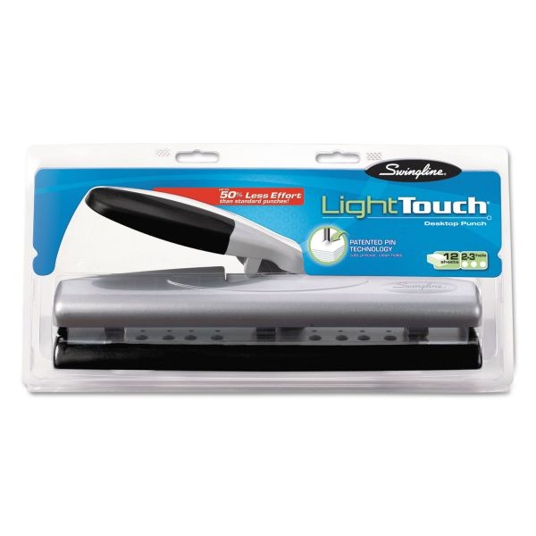 Swingline 12-Sheet Lighttouch Desktop Two- To Three-Hole Punch, 9/32" Holes, Black/Silver