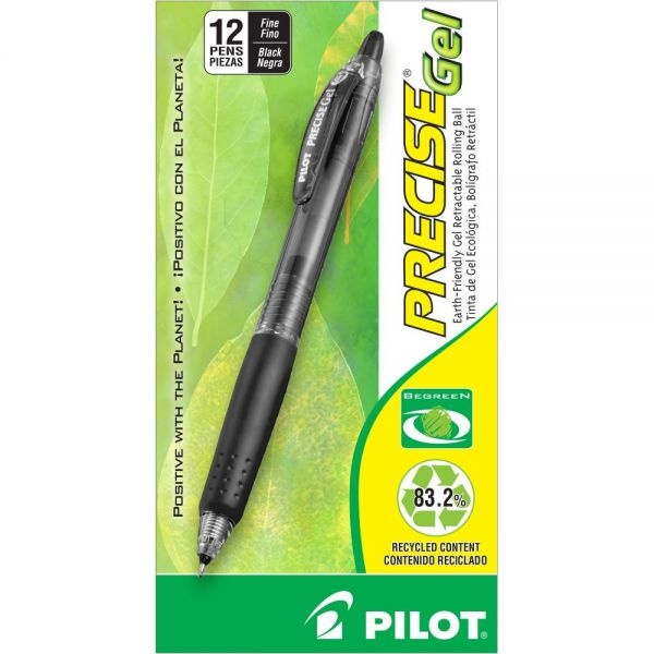 Pilot Precise Gel Begreen Gel Pen, Retractable, Fine 0.7 Mm, Black Ink, Black Barrel, Dozen