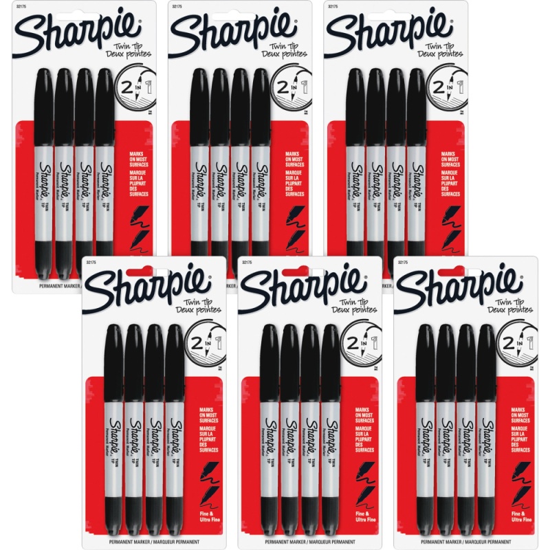 Twin Tip Permanent Markers - Black Ink - Alcohol Based - 4/Pack - 6 / Bag