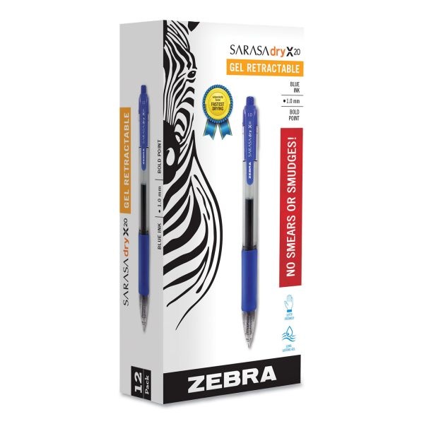 Zebra Sarasa Dry Gel X20 Gel Pen, Retractable, Bold 1 Mm, Blue Ink, Translucent Blue Barrel, 12/Pack
