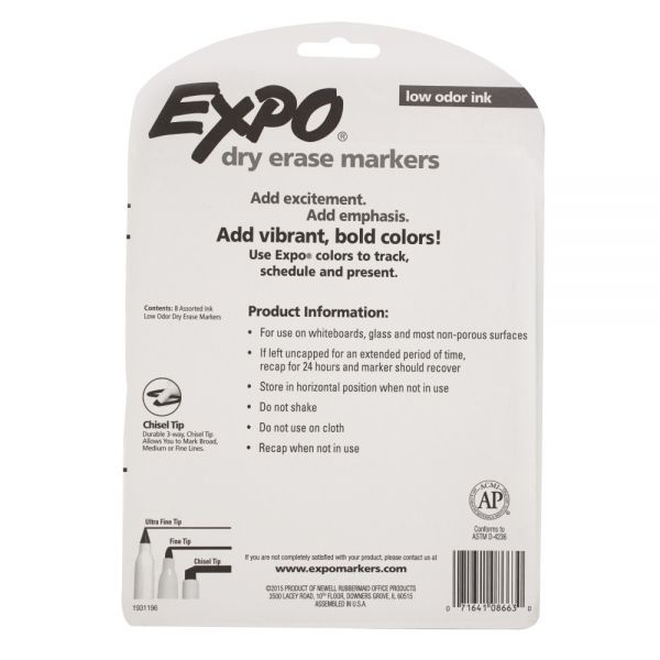 EXPO Low Odor Dry Erase Markers Fine Point Assorted Colors Pack Of