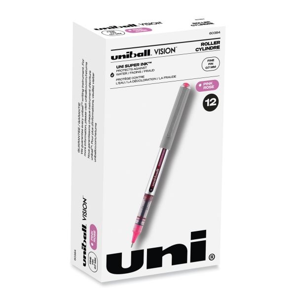 Uniball Vision Roller Ball Pen, Stick, Fine 0.7 Mm, Pink Ink, Silver/Pink/Clear Barrel, Dozen
