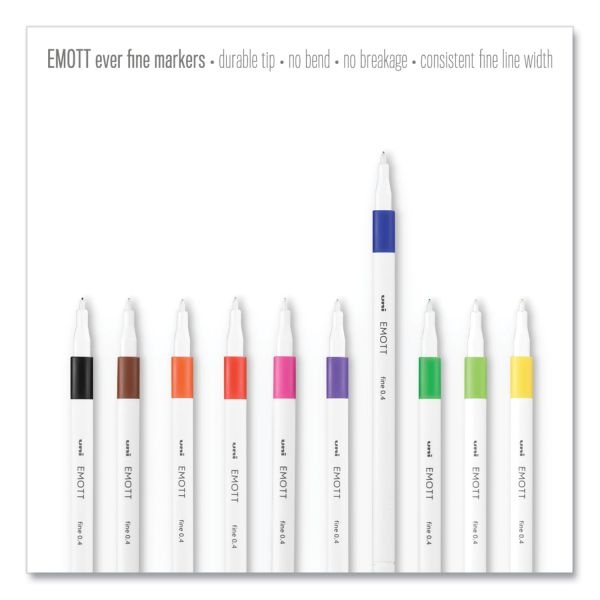 Uniball Emott Porous Point Pen, Stick, Fine 0.4 Mm, Assorted Ink Colors, White Barrel, 10/Pack