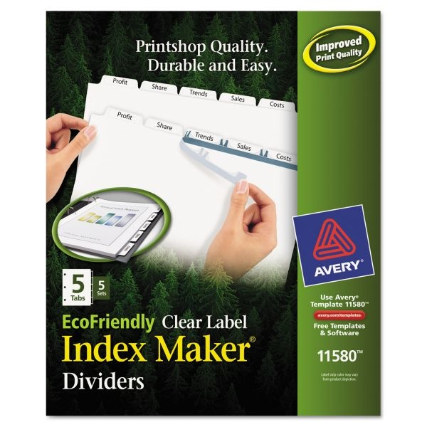 Avery Index Maker Ecofriendly Print And Apply Clear Label Dividers With White Tabs, 5-Tab, 11 X 8.5, White, 5 Sets