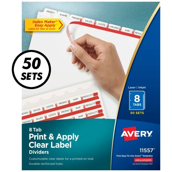 Avery Customizable Index Maker Dividers For 3 Ring Binder, Easy Print & Apply Clear Label Strip, 8 Tab, White, Pack Of 50 Sets