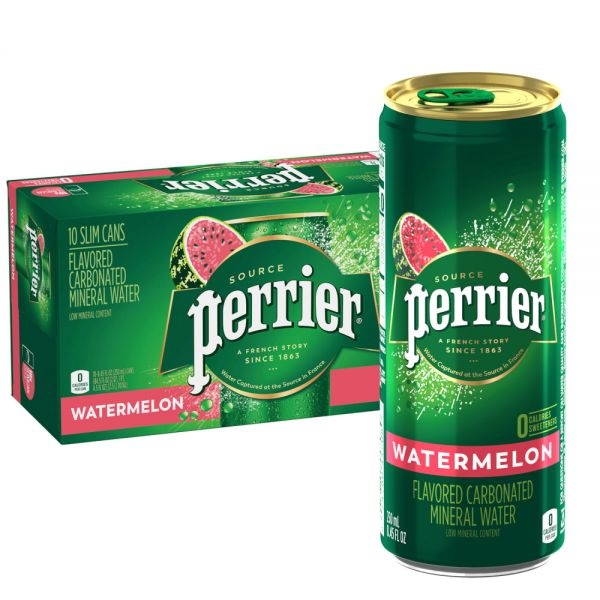 Perrier Sparkling Mineral Water, Watermelon, 8.45 Oz, Pack Of 10 Cans