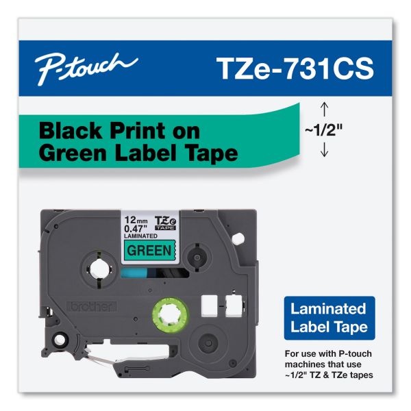 Brother P-Touch Tze Laminated Removable Label Tapes, 0.47" X 26.2 Ft, Black On Green