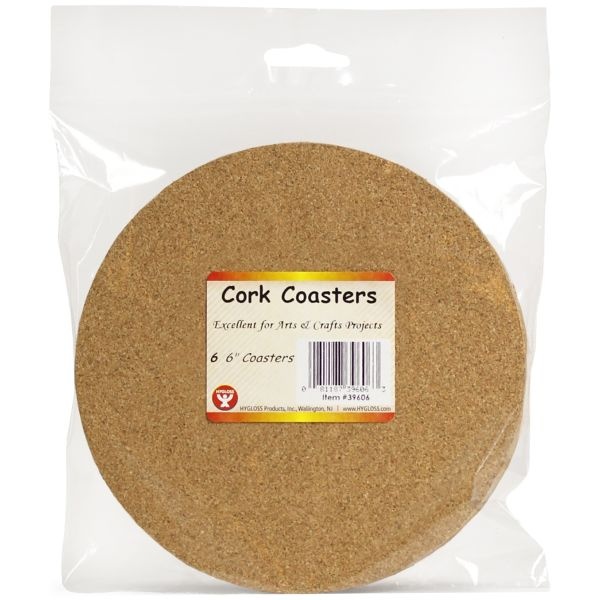 Hygloss Cork Coasters 6" Round 6/Pkg