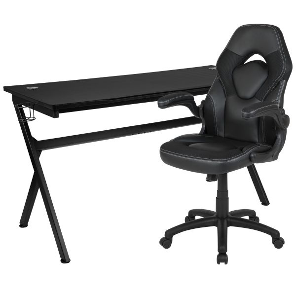 Optis Gaming Desk And Black Racing Chair Set /Cup Holder/Headphone Hook/Removable Mouse Pad Top - 2 Wire Management Holes