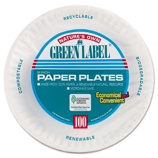 Ajm Packaging Corporation Paper Plates, 9" Dia, White, 100/Pack, 12 Packs/Carton