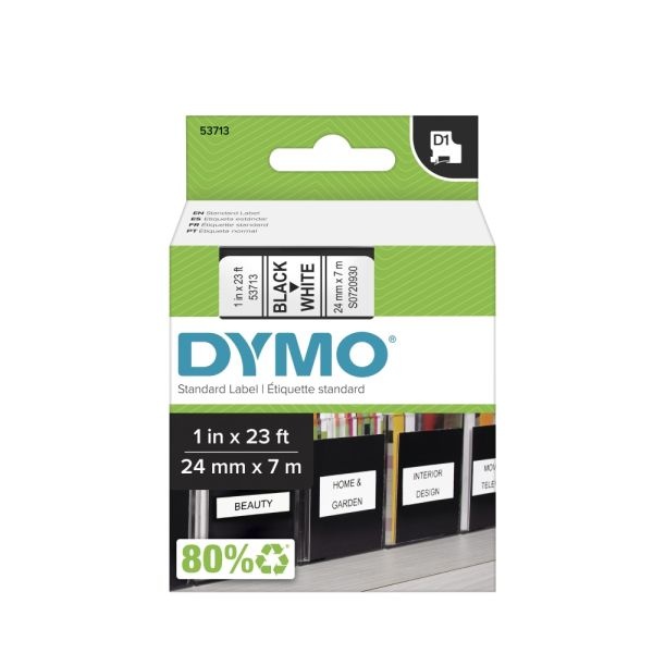 Dymo D1 53713 Black-On-White Tape, 1" X 23'