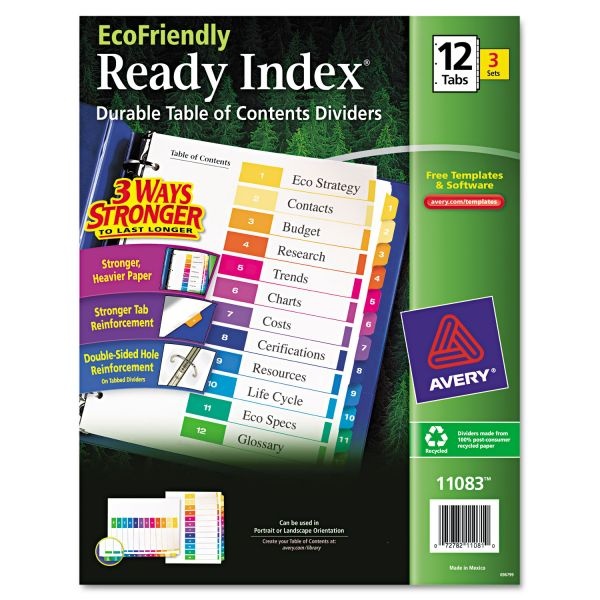 Avery Customizable Table Of Contents Ready Index Dividers With Multicolor Tabs, 12-Tab, 1 To 12, 11 X 8.5, White, 3 Sets