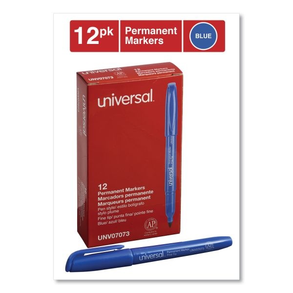 Universal Pen-Style Permanent Marker, Bullet/Fine, Blue, 1 Dozen