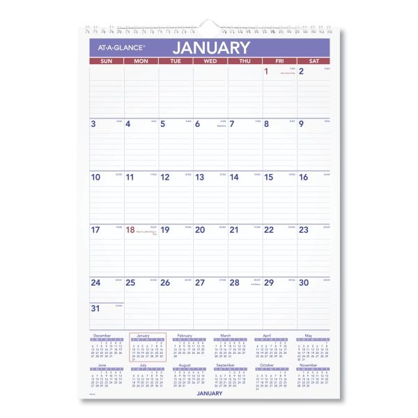 At-A-Glance Monthly Wall Calendar With Ruled Daily Blocks, 12 X 17, White Sheets, 12-Month (Jan To Dec): 2024