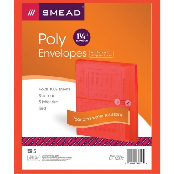 Smead Poly Envelopes With String-Tie Closure, 1 1/4" Expansion, Letter Size, Red, Pack Of 5 Envelopes