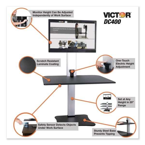 Victor High Rise Electric Standing Desk Workstation, Single Monitor, 28" X 23" X 20.25", Black/Aluminum