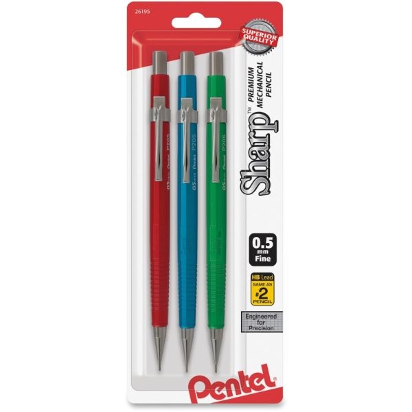 Pentel Sharp Premium Mechanical Pencils, Hb Lead, Fine Point, 0.5 Mm, Assorted Colors, Pack Of 3