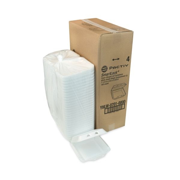 Pactiv Evergreen Smartlock Foam Hinged Lid Container, Small, 7.5 X 8 X 2.63, White, 150/Carton