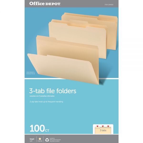 Reinforced File Folders, 1/3-Cut Tabs, Legal Size, Manila, Box Of 100