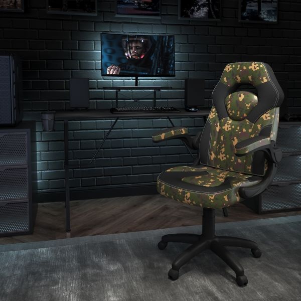 Optis Black Gaming Desk And Camouflage/Black Racing Chair Set With Cup Holder, Headphone Hook, And Monitor/Smartphone Stand