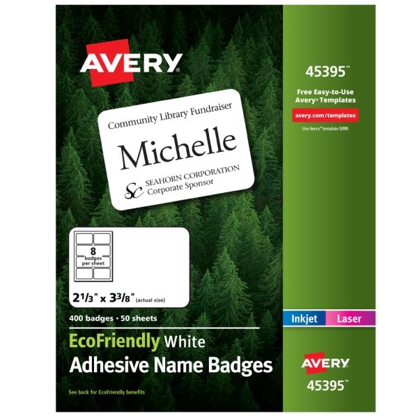 Avery Ecofriendly 100% Recycled Name Badges, 2 1/3" X 3 3/8", White, Pack Of 400