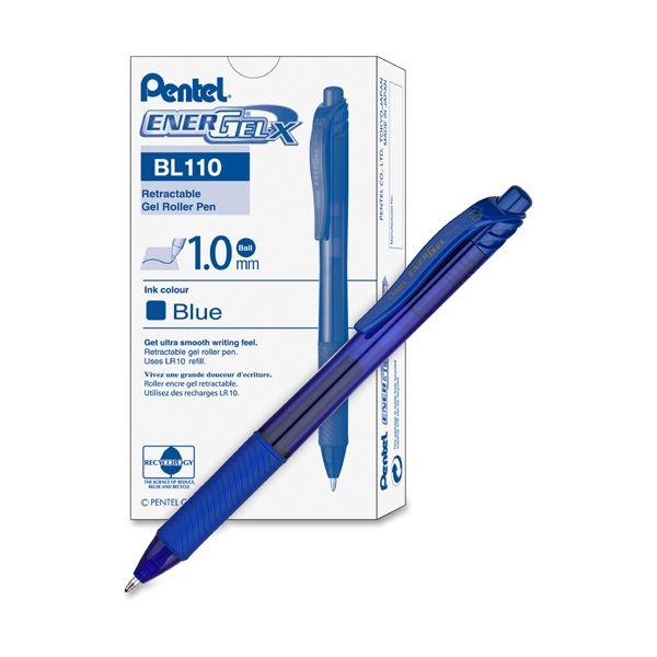 Pentel Energel-X Gel Pen, Retractable, Bold 1 Mm, Blue Ink, Translucent Blue/Blue Barrel, Dozen