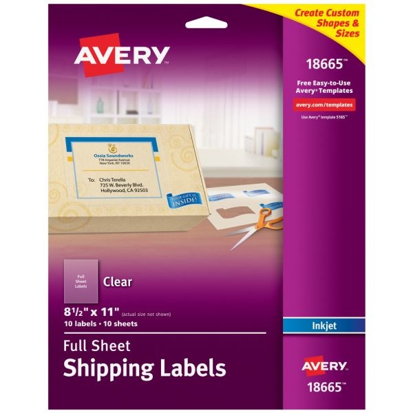 Avery Easy Peel Permanent Address Labels, Shipping, 18665, 8 1/2" X 11", Matte Clear, Box Of 10