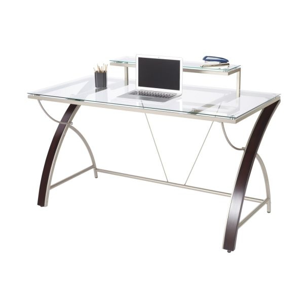 Axley 55”W Glass Computer Desk, Cherry/Silver