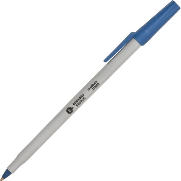 Business Source Medium Point Ballpoint Stick Pens - Medium Pen Point - Blue - Light Gray Barrel - Stainless Steel Tip - 1 Dozen