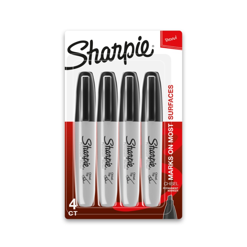 Permanent Markers, Chisel Tip, Black Ink, Pack Of 4 Markers