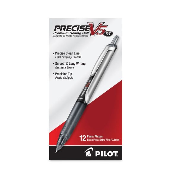 Pilot Precise V5 Liquid Ink Retractable Rollerball Pens, Extra Fine Point, 0.5 Mm, Black Barrels, Black Ink, Pack Of 12