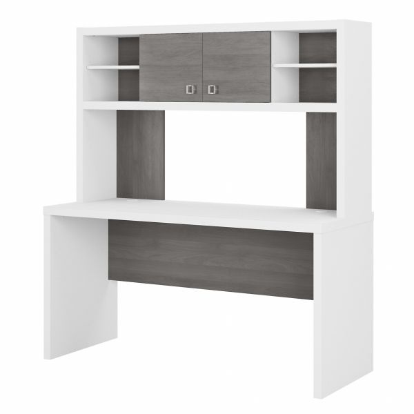 Office By Kathy Ireland Echo 60W Credenza Desk With Hutch In Pure White And Modern Gray