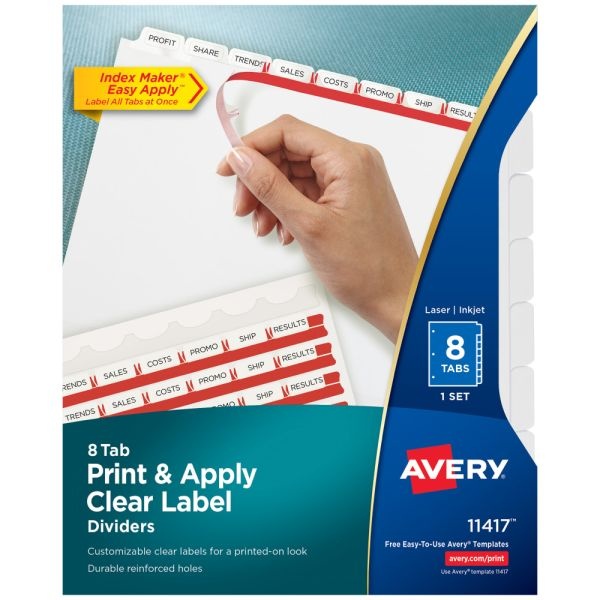Avery Customizable Index Maker Dividers For 3 Ring Binder, Easy Print & Apply Clear Label Strip, 8 Tab, White, 1 Set