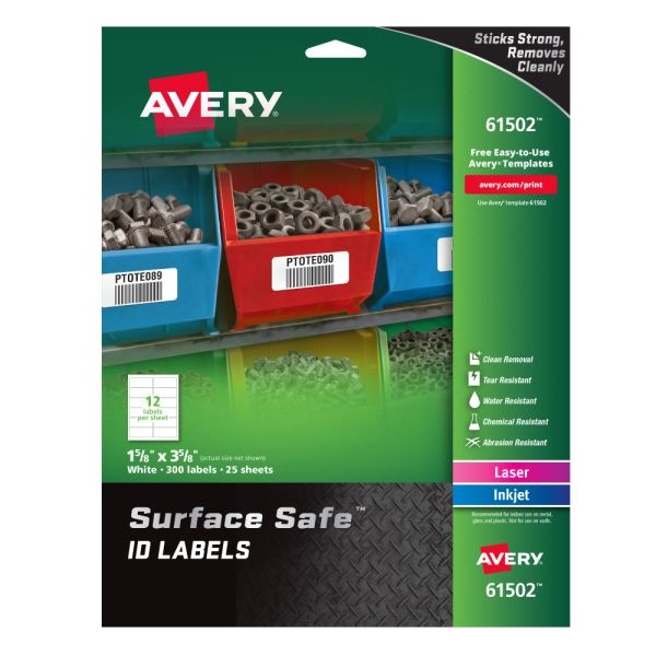 Avery Water Resistant Surface Safe Id Labels, 61502, Rectangle, 1-5/8" X 3-5/8", White, Pack Of 300