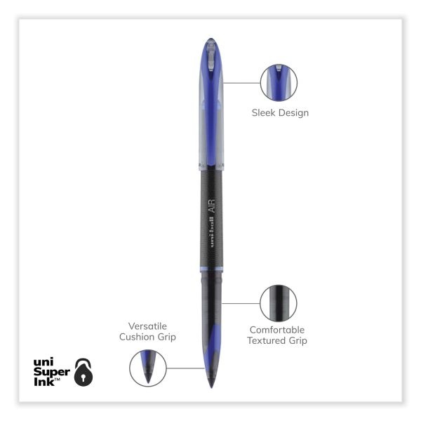 Uniball Air Porous Roller Ball Pen, Stick, Medium 0.7 Mm, Blue Ink, Black/Blue Barrel, Dozen