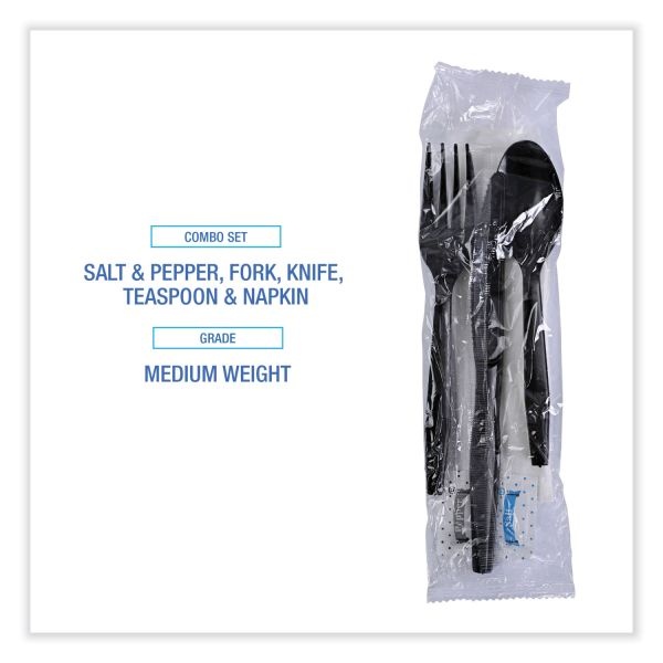 Boardwalk Six-Piece Cutlery Kit, Condiment/Fork/Knife/Napkin/Teaspoon, Black, 250/Carton