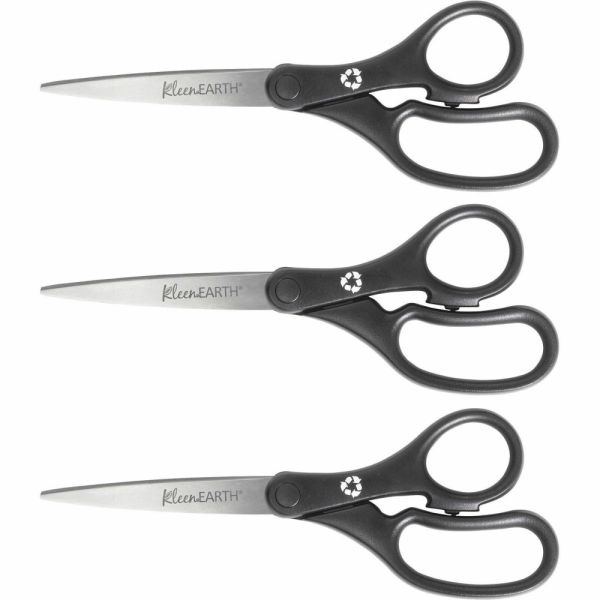 Westcott Kleenearth Basic Plastic Handle Scissors, 8" Long, 3.25" Cut Length, Black Straight Handles, 3/Pack