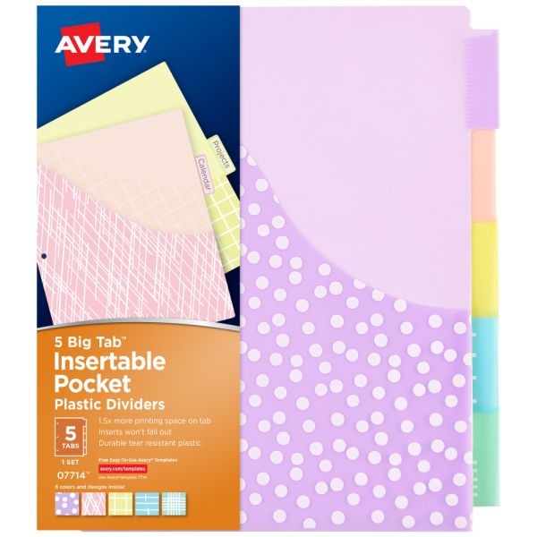 Avery Big Tab Plastic Dividers With Pockets, 5-Tab (07714