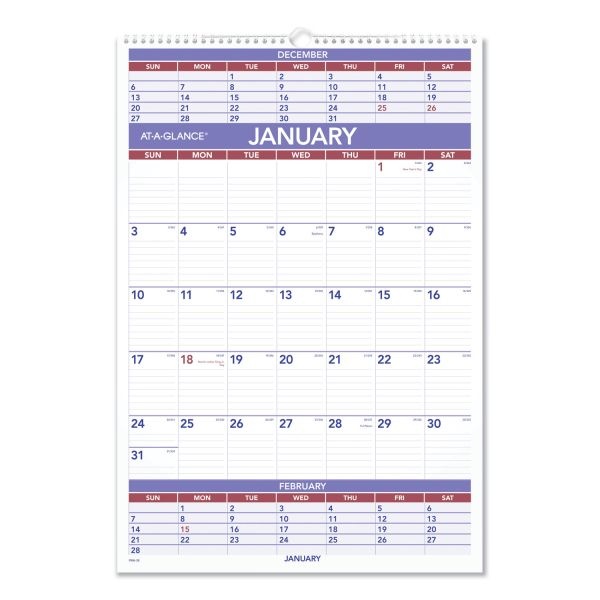 At-A-Glance Three-Month Wall Calendar, 15.5 X 22.75, White Sheets, 12-Month (Jan To Dec): 2024