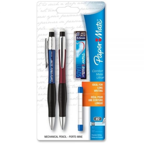 Paper Mate Comfortmate Ultra Mechanical Pencil Starter Set, 0.5Mm, Hb Lead, Assorted Barrel Colors, Pack Of 2