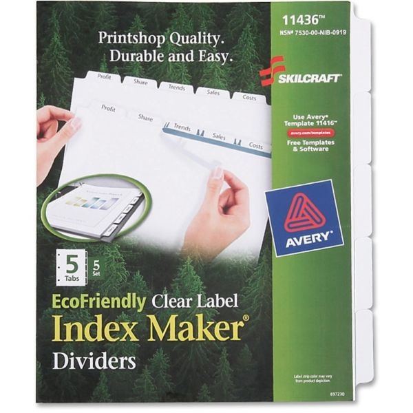 Skilcraft Index Maker Clear Label Dividers With White Tabs, 5-Tab, Pack Of 5 Sets (Abilityone 7530-01-600-6981)