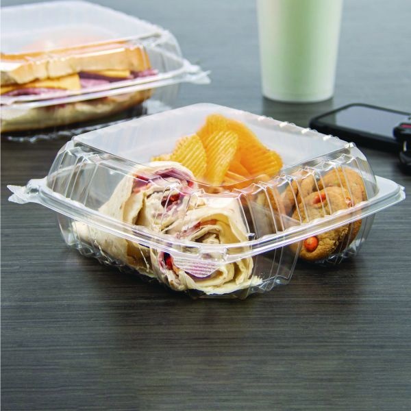 Dart Clearseal Hinged-Lid Plastic Containers, 8.25 X 8.25 X 3, Clear, Plastic, 125/Pack, 2 Packs/Carton