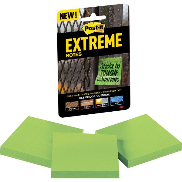 Post-It Extreme Notes Water-Resistant Self-Stick Notes, 3" X 3", Green, 45 Sheets/Pad, 3 Pads/Pack