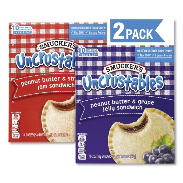 Smucker's Uncrustables Soft Bread Sandwiches, Grape/Strawberry, 2 Oz, 10 Sandwiches/Pack, 2 Pk/Box