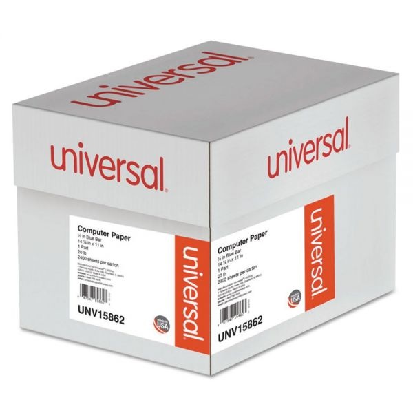 Universal Printout Paper, 1-Part, 20 Lb Bond Weight, 14.88 X 11, White/Blue Bar, 2,400/Carton
