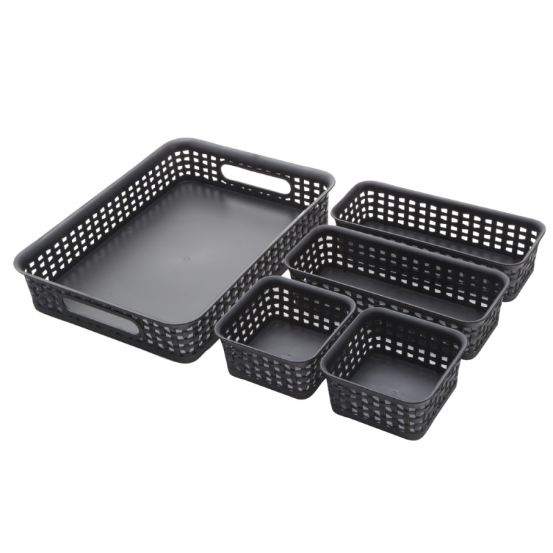 Plastic Weave Bin Set, Assorted Sizes, Black, Pack Of 5