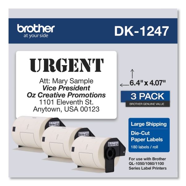 Brother Die-Cut Shipping Labels, 4.07 X 6.4, White, 180 Labels/Roll, 3 Rolls/Pack