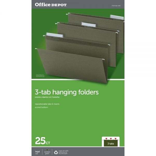 Hanging Folders, 1/3 Cut, Legal Size, 100% Recycled, Green, Pack Of 25