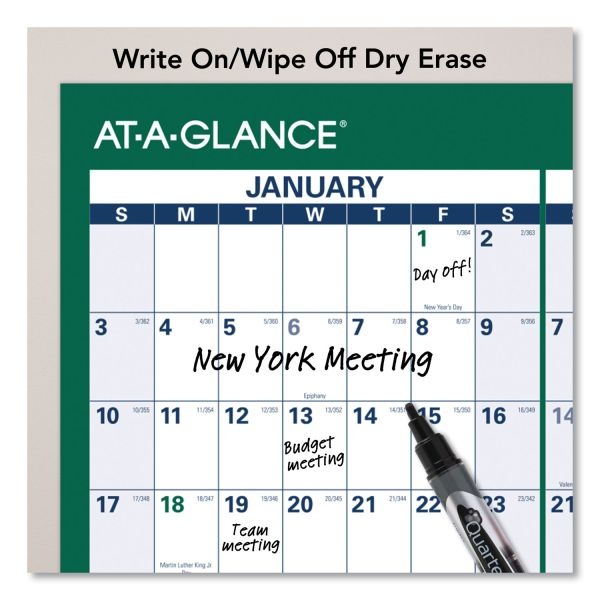 At-A-Glance Vertical Erasable Wall Planner, 32 X 48, White/Green Sheets, 12-Month (Jan To Dec): 2024