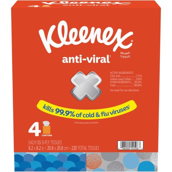 Kleenex Anti-Viral 3-Ply Facial Tissues, White, 55 Tissues Per Box, Pack Of 4 Boxes